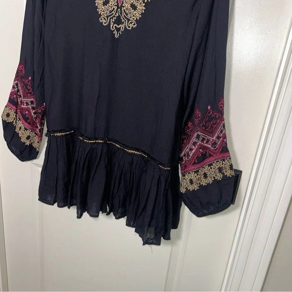 Free People Wild One Embroidered Mini Dress Long Sleeve V-Neck Black Sz XS Boho